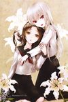  absurdres albino bite_mark blood brown_eyes brown_hair fang flower hair_tousle highres hug light_smile lily_(flower) long_hair looking_at_viewer mizunomoto multiple_girls non-web_source original pink_eyes scan school_uniform serafuku vampire white_hair yuri 