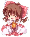  :d amanatsu_yuzuka ascot blush bow brown_hair chibi detached_sleeves hair_bow hair_tubes hakurei_reimu lowres open_mouth smile solo touhou white_background 