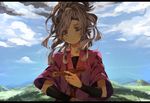  ayabe_kihachirou cloud day field gomas grass head_tilt long_hair long_sleeves looking_at_viewer male_focus outdoors ponytail rakudai_ninja_rantarou silver_hair sky solo tunic upper_body wavy_hair white_eyes 