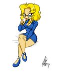  blonde_hair breasts cleavage clothed clothing disney dress eyewear female glasses goof_troop hair hi_res high_heels ice_cream kayla-na licking looking_at_viewer ms_pennypacker necklace short_hair solo teacher thighs tongue 