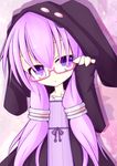  bespectacled collarbone dress glasses hood hoodie miiya_(kuroi_hako) parted_lips purple_eyes purple_hair solo vocaloid voiceroid yuzuki_yukari 