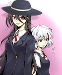  anetai_toyone blazer blue_eyes catchphrase hat height_difference hi jacket kosegawa_shiromi long_hair miyamori_school_uniform multiple_girls red_eyes ribbon saki short_hair uniform_vest white_hair 