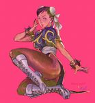  bangs black_hair blue_eyes boots bun_cover china_dress chinese_clothes chun-li cross-laced_footwear dress earrings fighting_stance full_body hair_bun highres jewelry lace-up_boots looking_at_viewer pantyhose pelvic_curtain simple_background street_fighter t.w.a.t upskirt 