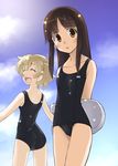  black_hair blonde_hair brown_eyes closed_eyes kickboard long_hair multiple_girls one-piece_swimsuit original osamada_meika school_swimsuit short_hair swimsuit 