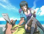  1boy 1girl barrel black_hair blue_hair blue_sky cloud clouds coffee cup cyborg female fishnet fishnets franky male newspaper nico_robin ocean one_piece open_clothes open_shirt outdoors pirate shirt sitting sky sunglasses sunglasses_on_head thighhighs thousand_sunny thriller_bark 
