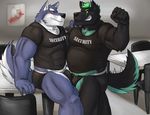  adios anthro biceps big_muscles blush bouncer bulge canine chubby clothed clothing gay grin male mammal muscles overweight pecs pose security security_guard shirts shorts the_farewelled tight_clothing wolf 