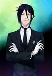  bad_id bad_pixiv_id black_hair crossed_arms formal gloves highres kuroshitsuji male_focus neopara red_eyes sebastian_michaelis smirk solo suit white_gloves 