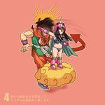  1girl armor bad_id bad_pixiv_id bikini_armor black_hair boots chi-chi_(dragon_ball) cloud directional_arrow dragon_ball dragon_ball_(classic) flying_nimbus hair_over_one_eye helmet long_hair midriff motion_blur navel origami_(red) pink_background pink_footwear slapping translation_request whorled_clouds wristband yamcha 