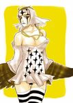  1girl alabasta bandanna breasts cleavage facial_mark facial_markings feathers female genderswap headband jewelry looking_at_viewer necklace one_piece pell simple_background solo striped striped_legwear thighhighs wings yellow_background yellow_eyes 