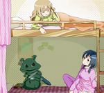  adaru bed blonde_hair blue_hair brown_eyes bunk_bed curtains furutani_himawari ladder multiple_girls oomuro_sakurako pajamas yuru_yuri 