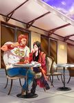  bad_id bad_pixiv_id beard black_hair casual denim eating facial_hair fate/zero fate_(series) food fork jeans juliacco long_hair lord_el-melloi_ii male_focus multiple_boys older pants pasta red_eyes red_hair rider_(fate/zero) shirt spaghetti t-shirt time_paradox waver_velvet 