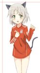  adidas animal_ears bad_id bad_pixiv_id blush cat_ears cat_tail england glastonbury1966 green_eyes jersey liverpool_fc no_pants open_mouth premier_league sanya_v_litvyak silver_hair solo strike_witches tail triple_vertical_stripe world_witches_series 