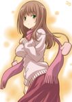  achiga_school_uniform blush breasts brown_hair cardigan gloves green_eyes long_hair matsumi_yuu medium_breasts pink_cardigan saki saki_achiga-hen scarf skirt solo umyonge_(lkakeu) 