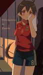  angela_salas_larrazabal animal_ears brown_eyes brown_hair double_vertical_stripe glastonbury1966 horse_ears horse_girl horse_tail ranguage shorts soccer_uniform solo spain spanish sportswear sweat tail world_witches_series 