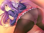  ass bed bed_sheet black_legwear blush braid breasts breasts_outside game_cg hair_ribbon half_updo large_breasts long_hair looking_back marushin_(denwa0214) on_bed panties panties_under_pantyhose pantyhose pink_panties plaid plaid_skirt purple_eyes purple_hair ribbon school_uniform shinjou_yukari skirt solo supokon!_sports_wear_complex top-down_bottom-up underwear 