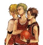  alternate_costume basketball basketball_uniform black_hair blonde_hair crossed_arms earring earrings green_hair hair_over_one_eye jewelry male male_focus monkey_d_luffy multiple_boys one_piece profile roronoa_zoro sanji scar simple_background sport sports sportswear uniform 