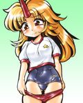  alternate_costume blonde_hair buruma gradient gradient_background green_background gym_uniform horn hoshiguma_yuugi long_hair one-piece_swimsuit red_eyes school_swimsuit shirt solo star swimsuit swimsuit_under_clothes touhou winn 