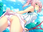  &gt;:) ass blush breasts cloud cloudy_sky day fence game_cg holding large_breasts leaning_forward marushin_(denwa0214) midriff panties pink_hair racket seductive_smile shirato_usagi short_hair skirt skirt_lift sky smile solo sportswear supokon!_sports_wear_complex tennis tennis_court tennis_racket tennis_uniform tree trefoil twintails underwear v-shaped_eyebrows white_panties wristband yellow_eyes 