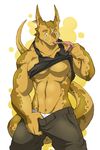  abs amber_eyes anthro basilisk belly biceps big_muscles briefs clothing eyewear flexing forked_tongue glasses horn kokuhane kokuhane_(character) male muscles pants paws pecs plain_background pose reptile scalie scar shirt simple_background smile snake solo standing tank_top teasing tongue tongue_out torso underwear vest white_background 