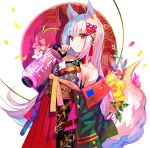  1girl 2019 animal_ears armpit_crease bangs bare_shoulders breasts closed_mouth collar commentary_request eyebrows_visible_through_hair floating_hair fox_ears fox_tail fuji_choko hair_ornament hakama holding japanese_clothes kimono lantern long_hair long_sleeves looking_at_viewer multicolored_hair nail_polish new_year off_shoulder original paper_lantern purple_nails red_collar red_eyes red_hair red_hakama shadow sidelocks sleeveless small_breasts smile solo standing streaked_hair tail tassel very_long_hair white_hair wing_collar 