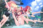  :d aqua_eyes barefoot bikini braid brown_eyes brown_hair cloud competition_swimsuit day dive feet forest green_hair hair_tubes hakurei_reimu hat hat_removed headwear_removed highres holding hong_meiling jumping kirisame_marisa kochiya_sanae long_hair multiple_girls name_tag nature one-piece_swimsuit open_mouth outdoors outstretched_arms patricia_(stylish_marunage) ponytail red_hair school_swimsuit sky smile soles swimsuit touhou translated twin_braids water witch_hat 