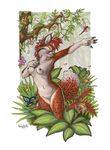  breasts butterfly canine dragonfly feline female flower fox hair hybrid insect kalahari kirsch kneeling lynx mammal nipples nude outside plants raised_arm red_eyes red_hair solo spots tree wood 