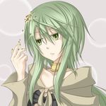  bangs breasts caam_serenity_of_gusto cleavage collarbone duel_monster food green_eyes green_hair nattou ponytail robe shintani_tsushiya sidelocks small_breasts solo yuu-gi-ou 