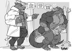  arty_mcmann belt biceps big_butt big_muscles bulge butt clothed clothing coat crocodile dialog dialogue dinosaur doctor eyewear facial_hair fur furious glasses goatee half-dressed horn hospital huge_muscles humor hyper_muscles male mammal muscles nipple_piercing nipples open_shirt pants pecs piercing reptile rhinoceros scales scalie shirt stethoscope text topless trousers tyrannosaurus_rex underwear undressing zeke 