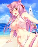  :d animal_ears bad_id bad_pixiv_id beach bikini blush boat borrowed_character breasts cat_ears cat_tail day groin large_breasts long_hair nipples open_mouth original outdoors pink_hair see-through shia_flatpaddy smile solo swimsuit tail traces water watercraft yellow_eyes 