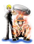  2boys black_hair blonde_hair chef cooking crouch fire formal frying_pan hair_over_one_eye hat jewelry male male_focus multiple_boys necklace one_piece pan portgas_d_ace sanji smiley smoking squatting suit 