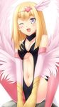  ;d absurdres asymmetrical_clothes bad_id bad_pixiv_id bare_shoulders blonde_hair blush breasts duel_monster feathered_wings feathers hair_ornament harpie_girl harpy head_wings heart heart_hair_ornament highres komimiyako long_hair medium_breasts midriff monster_girl navel one_eye_closed open_mouth purple_eyes red_legwear rock simple_background sitting smile solo thighhighs underboob white_background wings yuu-gi-ou yuu-gi-ou_5d's 