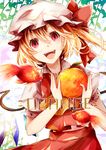  bad_id bad_pixiv_id blonde_hair bow cover crystal fang fish flandre_scarlet food fruit goldfish hat hat_bow kaio_(watagami) open_mouth orange red_eyes short_sleeves side_ponytail solo touhou wings 