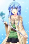  1girl blue_eyes blue_hair duel_monster eria highres komimiyako komitsu long_hair longe_hair skirt solo staff yu-gi-oh! yuu-gi-ou_duel_monsters 