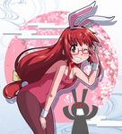  animal_ears black_legwear bow bowtie bunny_ears bunny_tail bunnysuit buratei_marii egasumi fake_animal_ears glasses grin hand_on_own_knee joshiraku ki_(adotadot) leaning_forward long_hair looking_at_viewer one_eye_closed pantyhose red-framed_eyewear red_eyes red_hair smile tail wrist_cuffs 