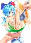  barefoot blue_eyes blue_hair cherry cirno covered_nipples cup flat_chest food fruit glass holding in_container in_cup mikan_(bananoha) minigirl nipples one-piece_swimsuit school_swimsuit see-through short_hair simple_background solo spoon spork swimsuit touhou white_background white_swimsuit 