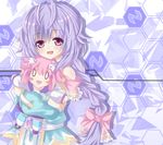 :d bare_shoulders blush blush_stickers bow character_doll d-pad d-pad_hair_ornament hair_bow hair_ornament highres kami_jigen_game_neptune_v long_hair looking_at_viewer neptune_(choujigen_game_neptune) neptune_(series) open_mouth purple_eyes purple_hair pururut sigemi smile solo twintails 