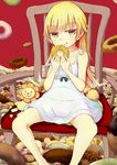  bad_id bad_pixiv_id blonde_hair chair doughnut dress food golden_chocolate highres licking_lips long_hair mister_donut mizukusa_aoba monogatari_(series) nisemonogatari oshino_shinobu pon_de_lion red_background sitting solo spread_legs stuffed_animal stuffed_lion stuffed_toy tongue tongue_out yellow_eyes 