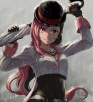 1girl belt black_gloves bowler_hat breasts brown_eyes brown_hair buttons cleavage cloud cloudy_sky gloves grey_sky hat hat_feather heterochromia highres jewelry leotard long_hair long_sleeves looking_at_viewer multicolored_hair necklace neo_(rwby) pink_eyes pink_hair rain rwby sky sleeve_cuffs smile solo two-tone_hair umbrella ume_(yume_uta_da) 