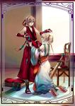  1girl blonde_hair blue_eyes brother_and_sister closed_eyes dressing dressing_another earrings flare_en_kuldes formal gensou_suikoden gensou_suikoden_iv headband ichiko_milk_tei jewelry kneeling lazlo ponytail robe sash short_hair siblings sword weapon 