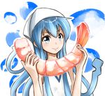  blue_eyes blue_hair dress hat highres ikamusume long_hair minamito oversized_object shinryaku!_ikamusume shrimp tentacle_hair 