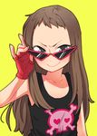  adjusting_eyewear blue_eyes brown_hair fingerless_gloves gloves hanatsuka heart idolmaster idolmaster_cinderella_girls koseki_reina long_hair looking_over_eyewear short_messy_bangs skull_and_crossbones smirk solo sunglasses tank_top 