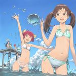  :d ;d akinbo_(hyouka_fuyou) aoki_reika arm_up bad_id bad_pixiv_id bikini blue_eyes brown_hair candy_(smile_precure!) day fishing green_hair highres hino_akane_(smile_precure!) holding hoshizora_miyuki ladder looking_at_viewer midorikawa_nao multiple_girls one_eye_closed open_mouth outstretched_arms precure precure_all_stars_new_stage:_mirai_no_tomodachi red_eyes red_hair sakagami_ayumi side-tie_bikini sitting smile smile_precure! swimsuit twintails water wet white_bikini 