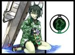  android animal_ears bike_shorts black_sclera card clog_sandals fingerless_gloves flower fox_ears ganesagi glasses gloves green_eyes green_kimono green_skin headset huge_weapon japanese_clothes kimono looking_at_viewer ofuda phantasy_star phantasy_star_online_2 rappy short_hair sitting solo sword weapon yokozuwari yukata 