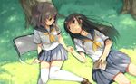  ascot bag black_hair book grass grey_eyes highres holding_hands lying mikage_sekizai mouth_hold multiple_girls original parted_lips school_uniform sitting skirt thighhighs tree under_tree white_legwear 