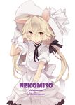  androgynous animal_ears artist_name blonde_hair bow choker clothes_grab dress_grab gloves hand_on_headwear hat large_bow long_hair low_twintails open_mouth orange_eyes original shiromiso simple_background solo text_focus twintails white white_background 