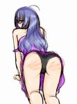  ahoge all_fours ass bare_shoulders blue_eyes blush chemise from_behind ikezawa_hanako katawa_shoujo kekekeke long_hair off_shoulder panties presenting purple_hair solo spanked underwear 