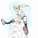  amputee blonde_hair buruma green_eyes hair_bobbles hair_ornament ibarazaki_emi jumping katawa_shoujo kekekeke long_hair prosthesis shoes sneakers solo twintails wristband 