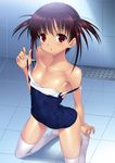  :o bare_shoulders blush brown_hair dark_skin flat_chest highres kneeling one-piece_swimsuit red_eyes saki school_swimsuit shiny shiny_clothes skindentation solo strap_pull strap_slip suzume_inui swimsuit tan thighhighs usuzumi_hatsumi 