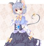  ahoge animal_ears argyle argyle_background bow capelet embellished_costume gem hair_bow jewelry kozakura_(dictionary) long_sleeves looking_at_viewer mouse_ears mouse_tail nazrin necklace open_mouth pendant red_eyes shirt short_hair silver_hair skirt skirt_set solo tail tail_bow touhou 