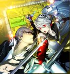  1girl :o absurdres android battle cover duel grey_eyes grey_hair hat headphones highres katana kuma_(persona_4) labrys narukami_yuu official_art peaked_cap persona persona_4 persona_4:_the_ultimate_in_mayonaka_arena popped_collar recursion red_eyes scan school_uniform serafuku soejima_shigenori sparks sword television weapon white_hair yellow_eyes 